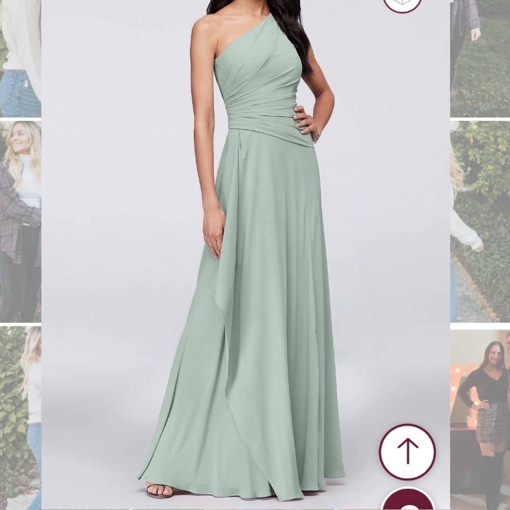 Gorgeous dusty sage David’s bridal one shoulder georgette cascade gown. Size 8